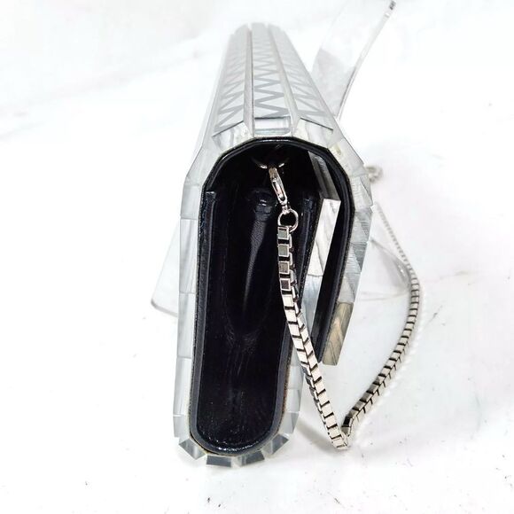 Auth Jimmy Choo Black & Clear Diamond Print Acrylic Sweetie Clutch Silver Chain - Picture 3 of 12